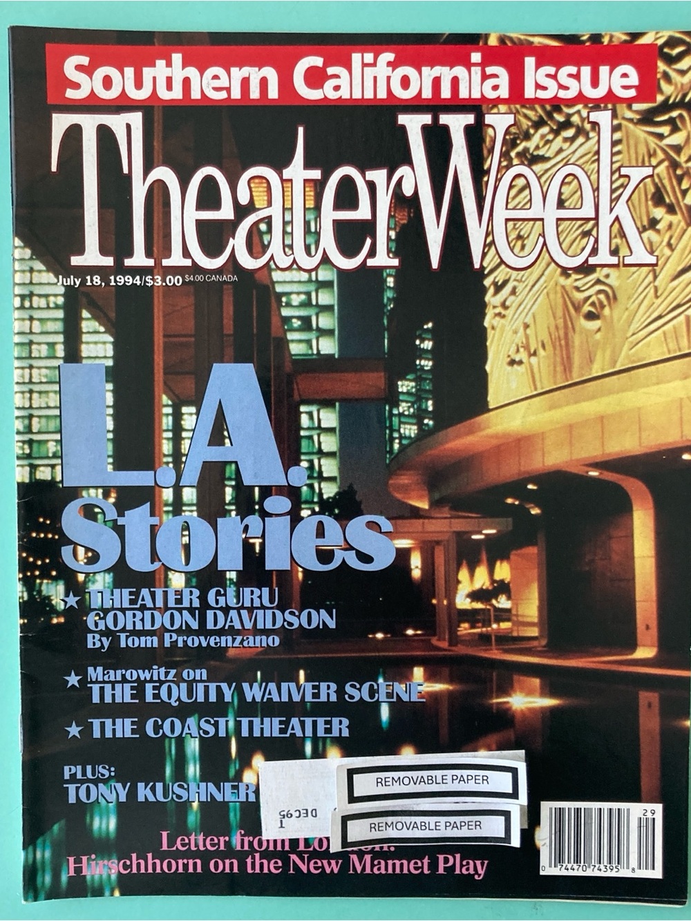 L.A. THEATER  - Tony Kushner Theater Week Magazine July 18 1994 - Label Attached